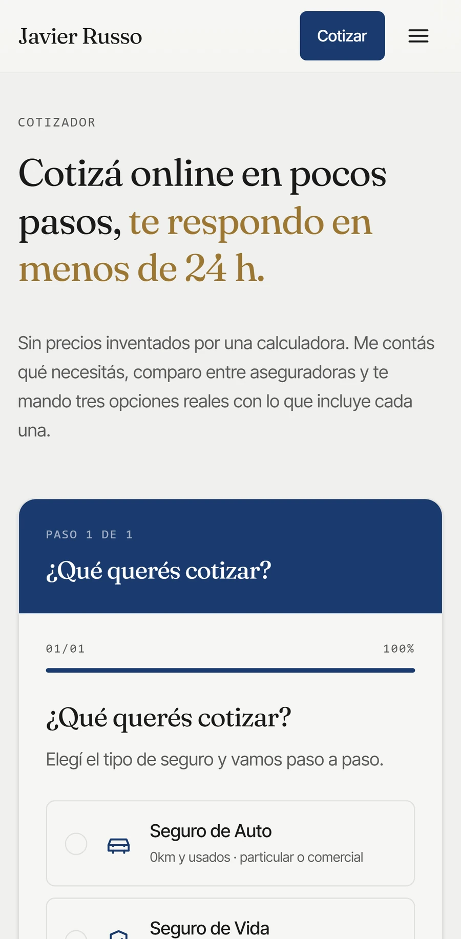 Captura del sitio de Javier Russo Seguros en celular
